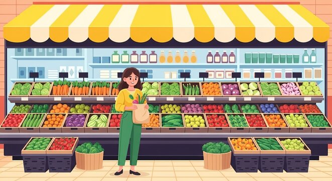 Woman shopping for fresh produce at a colorful grocery store with shelves full of fruits and vegetables