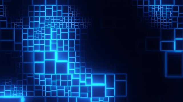 Abstract technology background with glowing blue geometric rectangular and square grid pattern. Digital data visualization, futuristic concept. Ideal for tech, network, AI, business themes.