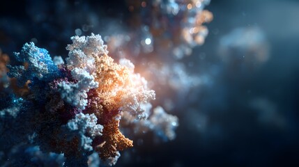 A close up view of a complex molecular structure with blue white and gold colorations on a dark backdrop