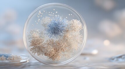 Close up of petri dish with flower like structures and small bubbles on a blurred background