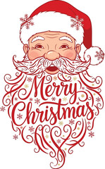 Modern Santa illustration with lettering woven into beard lines featuring decorative script text and festive.eps