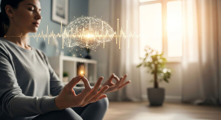 Woman meditating with glowing brain waves and heartbeat visualization