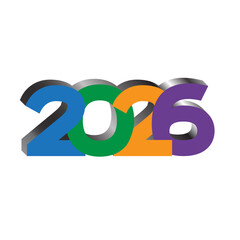 Playful 3D 2026 Year  Bold, Multi-Colored Numbers with Metallic Chrome Shadows, Isolated on a White Background, Perfect for New Year's Eve, Future-Themed Party Invitations, and Dynamic Digital Banners