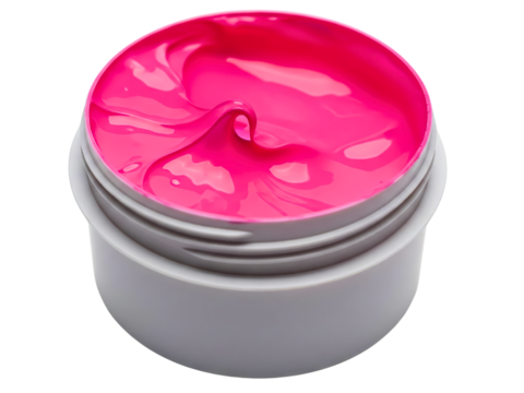 Swirled pink cosmetic cream in an open white jar on a transparent background