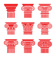 Collection of Red Ionic and Corinthian Column Capitals on White Background