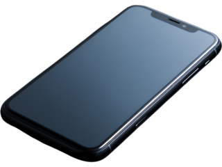 Modern black smartphone lying flat on transparent background, perfect for technology mockups and minimalist design projects.