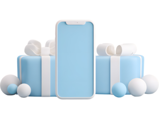Smartphone surrounded by blue and white gift boxes isolated on transparent background, perfect for holiday tech marketing visuals.