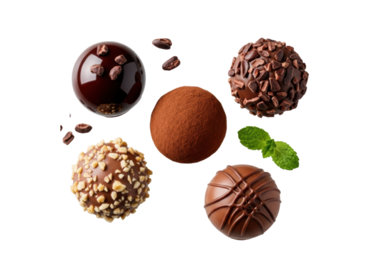 Five artisanal chocolate truffles, varied textures and colors, with cocoa nibs and a green mint sprig, macro shot on a transparent seamless background, no shadows. Concept for gourmet chocolate