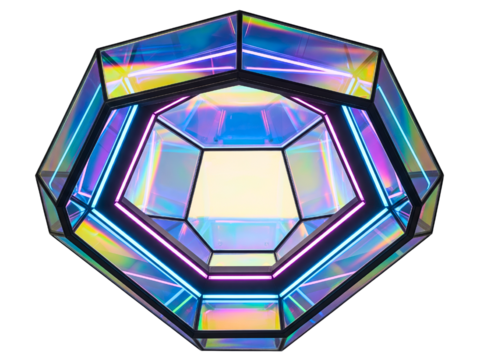 Iridescent geometric polyhedron with glowing futuristic neon lights on a transparent background