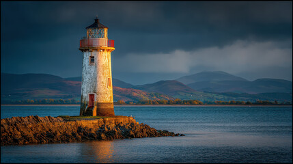 Majestic lighthouse standing on rocky shore surrounded by calm waters and distant mountains under a dramatic sky with shadowy clouds illuminated by sunlight's warmth.