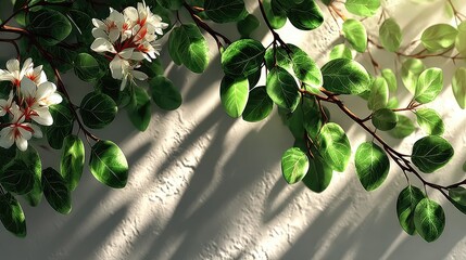 Floral branches, sunlight, textured wall