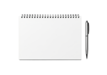 Premium spiral-bound notepad, blank pages, metallic pen, flat lay, top-down on transparent background, shadowless light, concept of minimalist office essentials