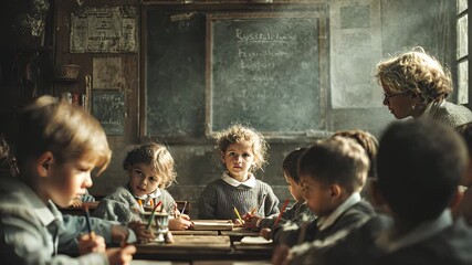 Children engaged in art class with teacher in a vintage classroom during morning light - Powered by Adobe
