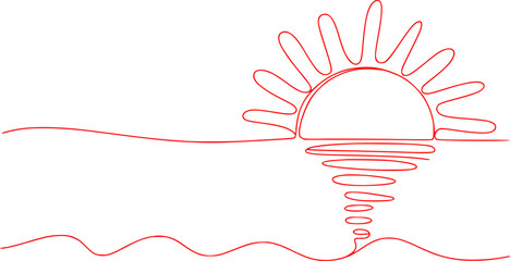 Minimalist Red Line Art of a Sun Setting Over the Ocean