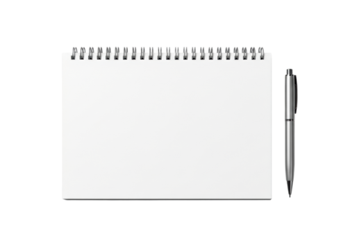 Premium spiral-bound notepad, blank pages, metallic pen, flat lay, top-down on transparent background, shadowless light, concept of minimalist office essentials
