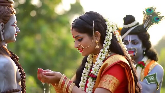 Woman offering water to statues in India.
