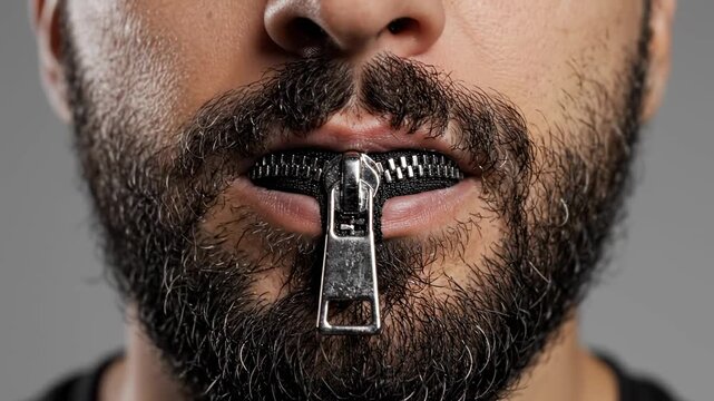 Extreme close up of a man with a beard zipping his lips shut, a powerful conceptual metaphor for keeping secrets, censorship, silence, and the inability to speak or express an opinion