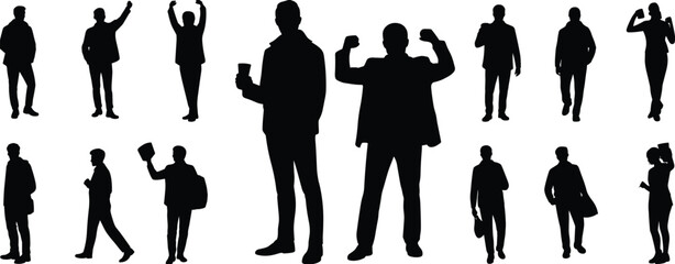 Silhouettes of diverse people standing and posing, business and casual individuals, teamwork expression, human figures set, modern lifestyle, confident posture illustration