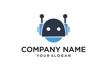 Robot Head Logo Design. Modern flat style avatar icon in blue, representing AI, technology, and digital services for company branding.