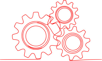 Red Line Art of Three Interlocking Gears on White Background