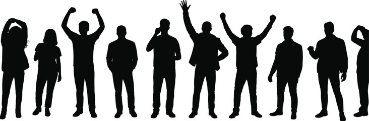 Silhouettes of diverse people, standing in row, casual poses, body language, gesture study, black figures, isolated, white background, communication