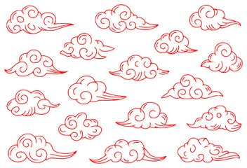 Red Outline Clouds Seamless Pattern - Asian Style