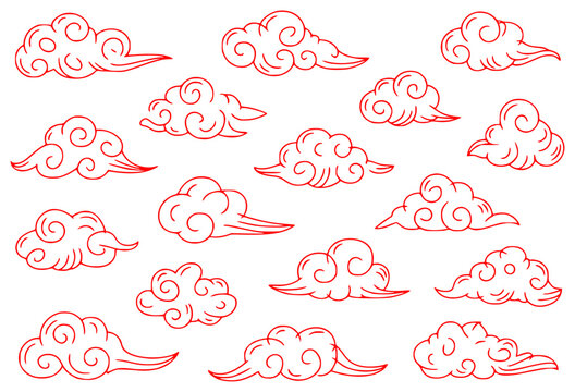 Red Outline Clouds Seamless Pattern - Asian Style