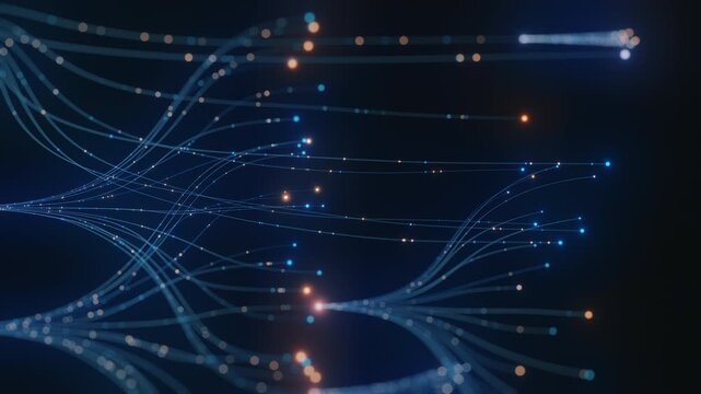 Abstract AI neural network concept. Blue glowing lines, interconnected data, digital particles on dark background. Represents technology, big data, machine learning, global communication, future. - Powered by Adobe