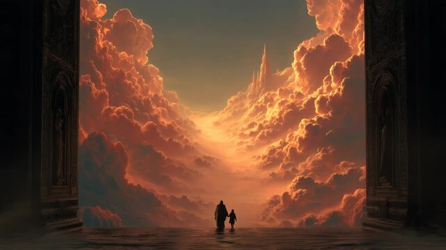 Jesus walks with a child through beautiful clouds at sunset in a serene and inspiring scene