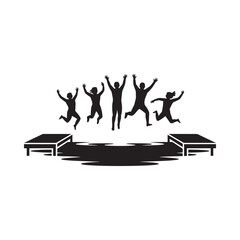 Silhouettes of people jumping for joy on a stage