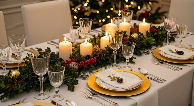 Elegant Christmas Dining Table Setting with Festive Decorations and Candles