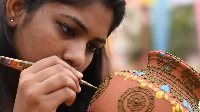 Woman painting floral pot with henna.