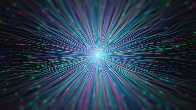 Abstract neural network concept background. Glowing data lines, bright central light. Represents AI, machine learning, big data, digital technology, connectivity, computing. Modern tech design. - Powered by Adobe