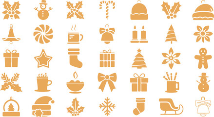 Christmas holiday icons collection, winter festivity symbols set vector,Gold Christmas icon collection vector 