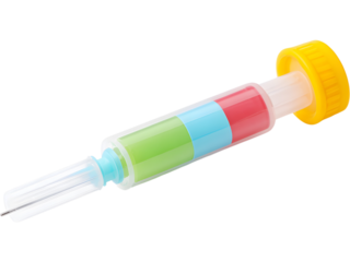 Child-friendly colorful medical syringe isolated on transparent background, symbolizing pediatric healthcare and safe medicine.