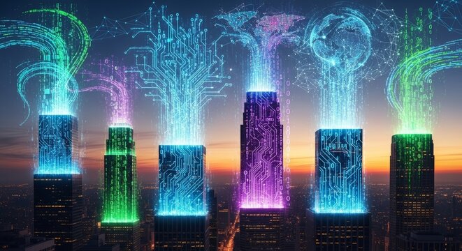 Cityscape with neon data streams from skyscrapers, symbolizing technology.