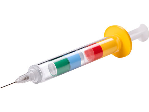 Child-friendly colorful medical syringe isolated on transparent background, symbolizing pediatric healthcare and safe medicine.