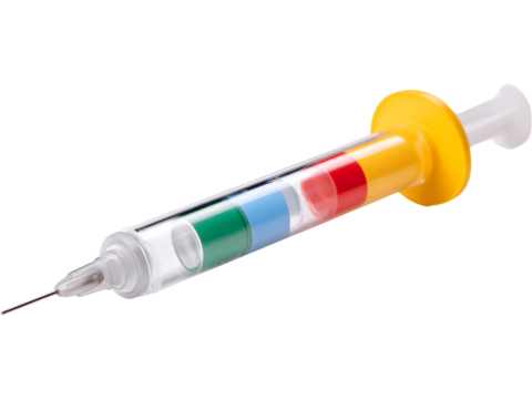 Child-friendly colorful medical syringe isolated on transparent background, symbolizing pediatric healthcare and safe medicine.