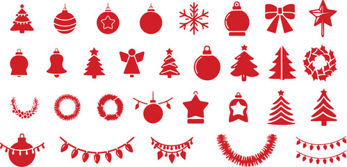 Red christmas decorations collection vector icons set festive holiday elements Vector