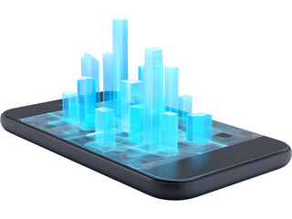 High-tech smartphone projecting digital holographic interface isolated on transparent background, symbolizing innovation and technology.