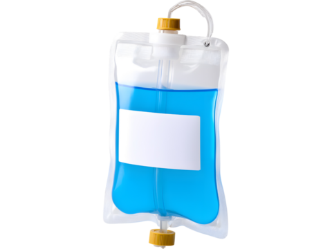 Intravenous fluid bag with blue liquid isolated on transparent background, representing medical treatment and hospital equipment.