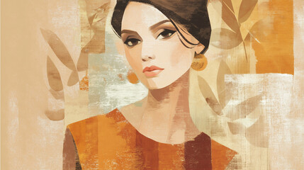 Stylish portrait of a woman with an elegant hairstyle and a minimalist, earthy-toned background