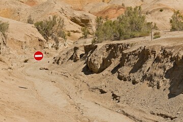 Road Sign in Aktau Mountains,  Altyn-Emel National Park. Kazakhstan. Asia.