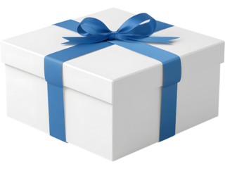 White square gift box with blue ribbon isolated on transparent background, perfect for celebrations, holidays, or marketing design.