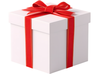 Classic white gift box with red ribbon isolated on transparent background, ideal for Christmas, Valentine’s, and festive designs.