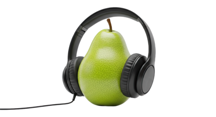 Pear Wearing Large Over-Ear Headphones, Modern Tech Music Concept for Audio and Fruit Fusion Imagery