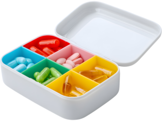 White pill box with colorful compartments isolated on transparent background, representing health organization and daily medication.