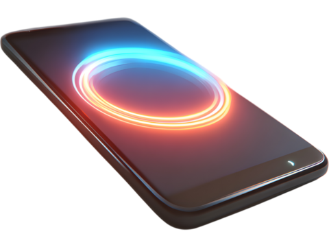 Modern smartphone with holographic gradient display isolated on transparent background, symbolizing digital innovation and elegance.