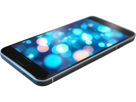 Smartphone with bright blue abstract light display isolated on transparent background, representing technology and connectivity.