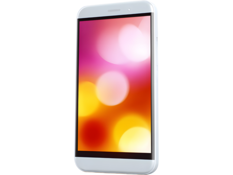 Modern smartphone with holographic gradient display isolated on transparent background, symbolizing digital innovation and elegance.
